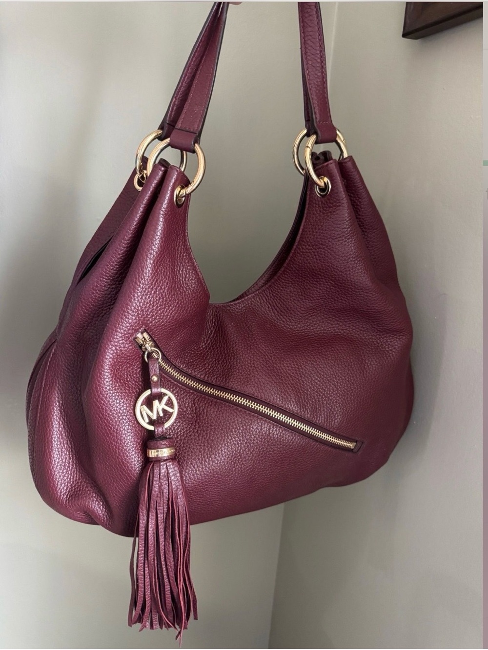 Michael Kors Wine Pebbled Leather Hobo with Tassel